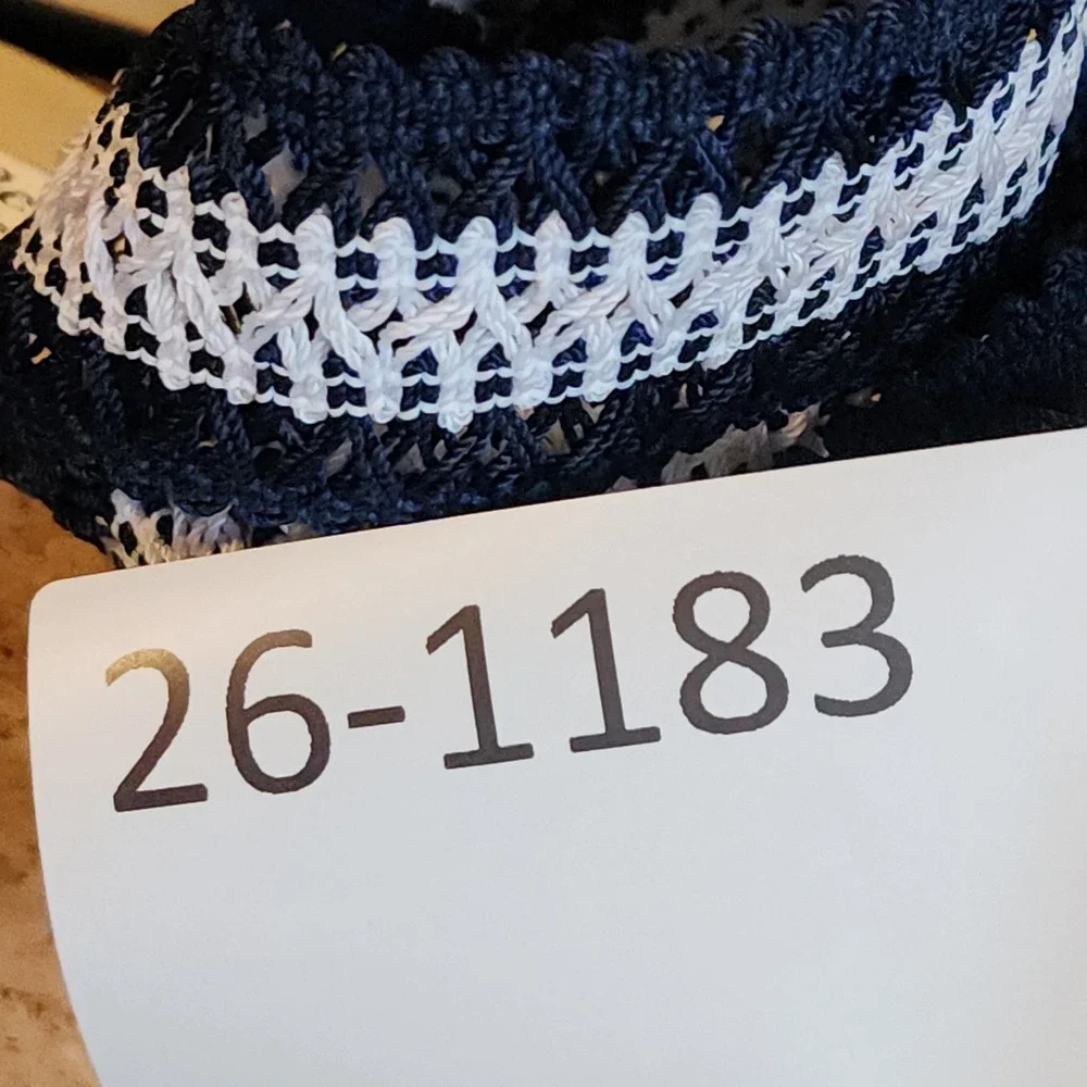 LK‎ Bennett Cork Wedge Sandals 38 7 Womens Navy Blue White Striped Crochet Spain